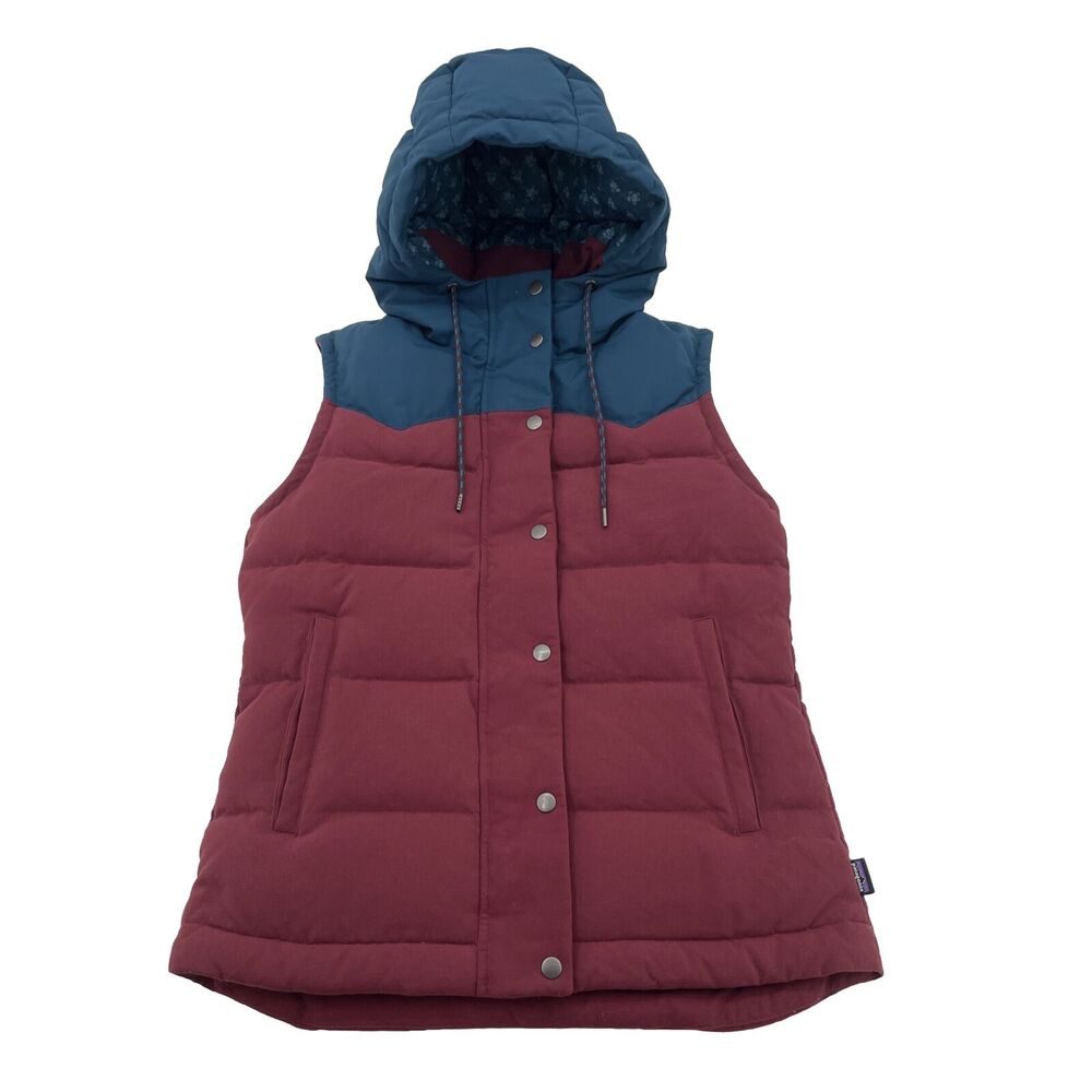 Patagonia Bivy Hooded Down Puffer Vest Womens XS Style 27745 Maroon‎ Blue